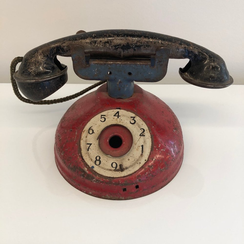 Antique Vintage Red Toy Metal Phone with Cord